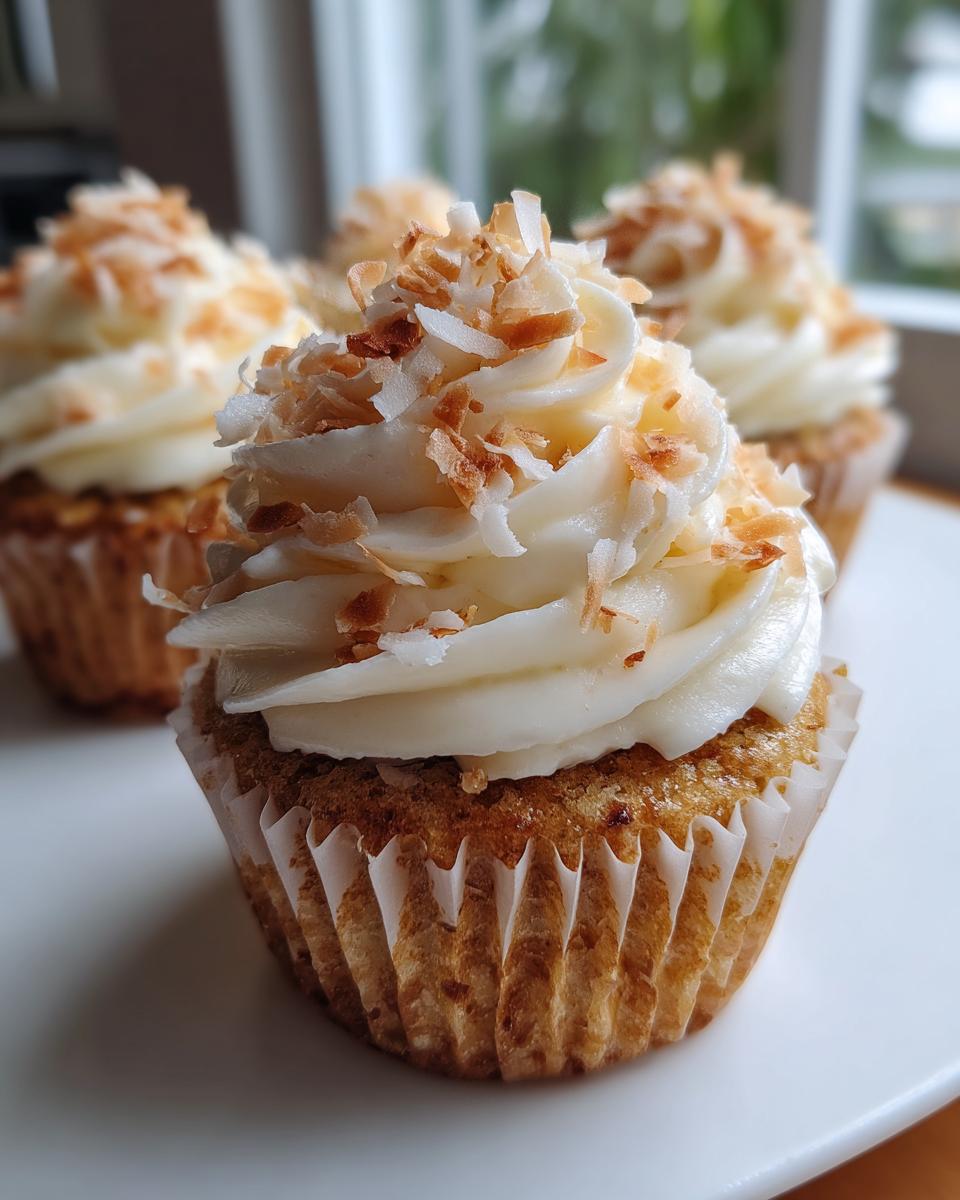 A close-up of a perfectly frosted coconut cupcake topped with toasted coconut flakes. These coconut cupcakes look delicious.