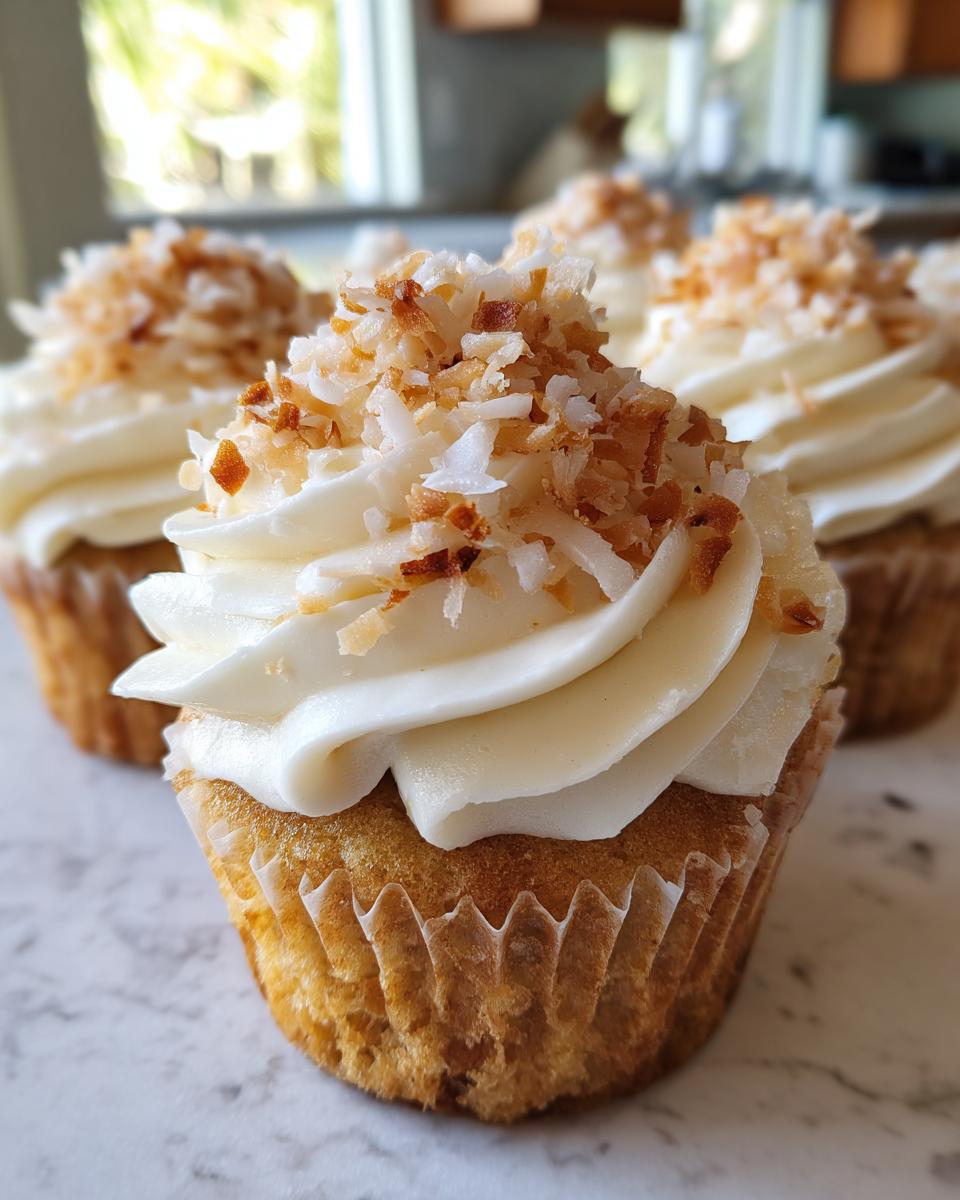 A close-up of one perfectly frosted coconut cupcake topped with toasted coconut flakes.