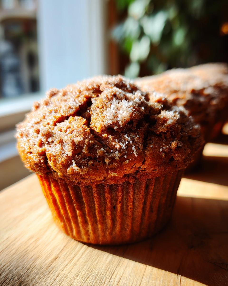 A close-up, sunlit image of a freshly baked sweet potato muffins topped with coarse sugar.