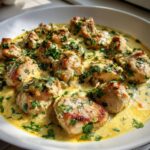 Close-up of seared pieces of coconut lime chicken swimming in a rich, creamy, yellow sauce topped with fresh green herbs.