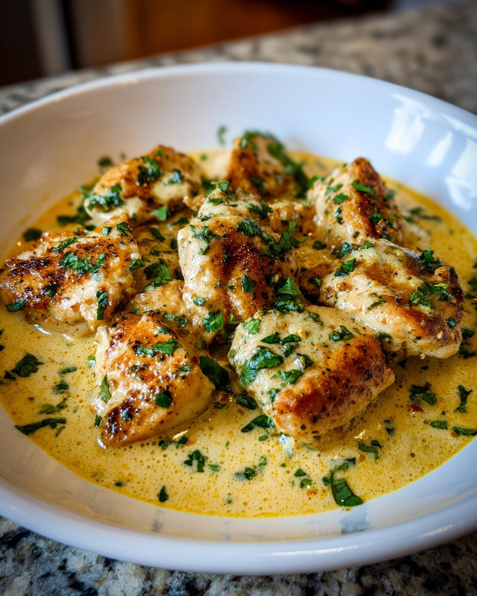 Close-up of seared coconut lime chicken pieces submerged in a rich, creamy yellow sauce and garnished with fresh parsley.