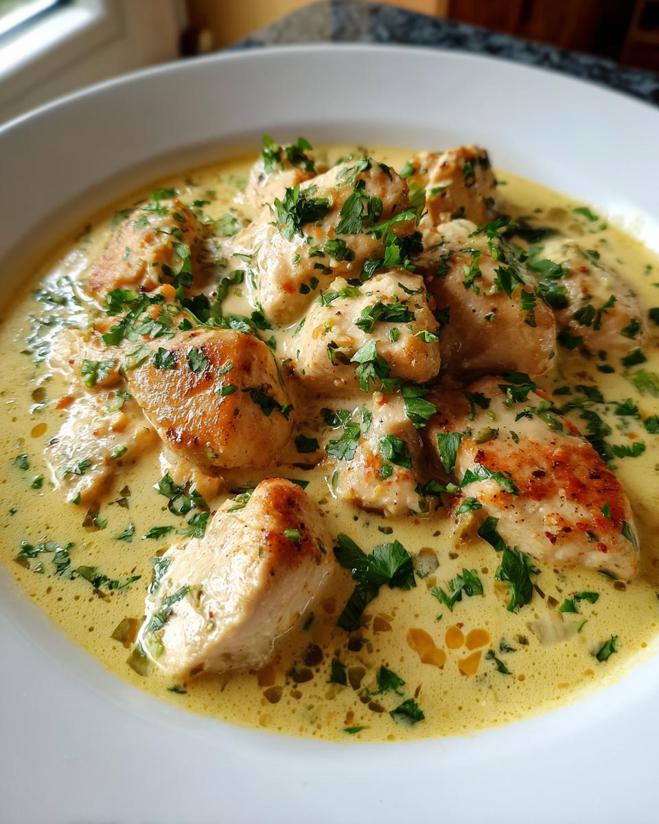 Close-up of seared chicken pieces swimming in a rich, creamy yellow sauce, garnished heavily with fresh chopped parsley, representing coconut lime chicken.