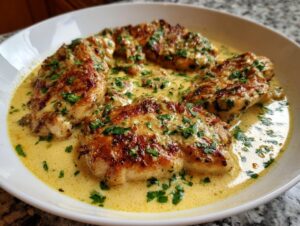 Four pieces of pan-seared coconut lime chicken served in a rich, creamy yellow sauce and garnished with fresh parsley.