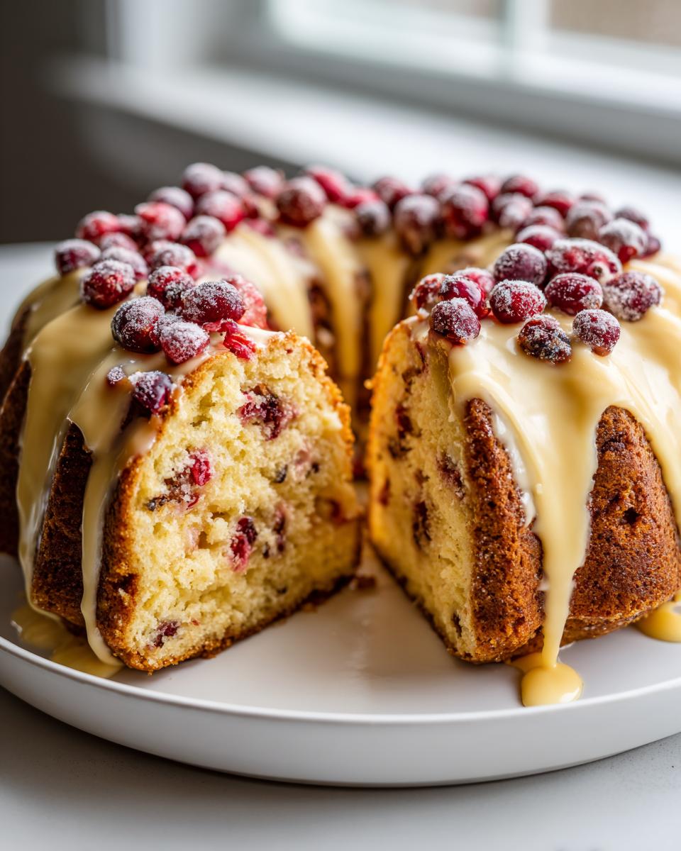 A slice cut from a bundt-style cranberry orange cake topped with a thick glaze and sugared cranberries.