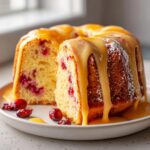 A slice cut from a bundt-style cranberry orange cake, heavily drizzled with a thick orange glaze.
