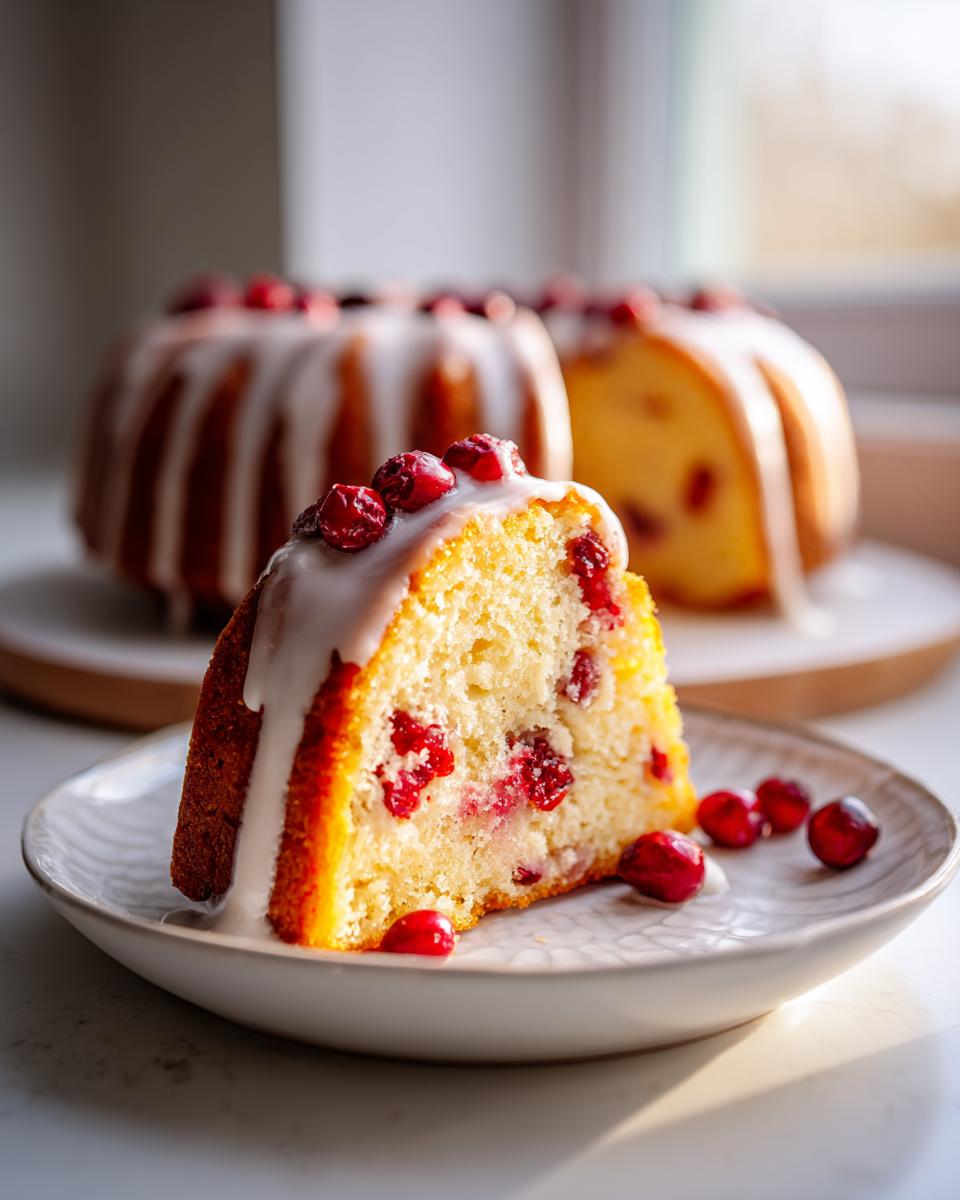 A close-up of a slice of moist cranberry orange cake topped with white glaze and fresh cranberries.
