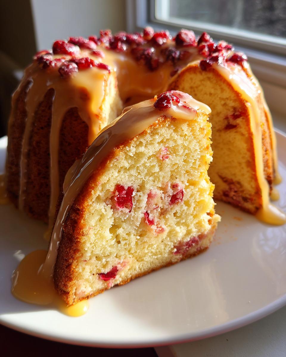 A slice cut from a cranberry orange cake, drizzled with a thick orange glaze and topped with cranberries.