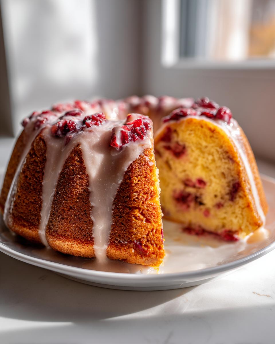 A slice cut from a beautiful cranberry orange cake, drizzled with white glaze and topped with cranberries.