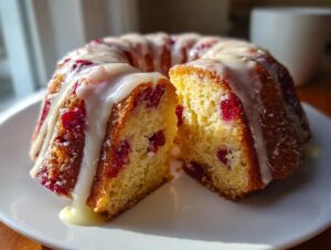 A slice cut from a bundt-style cranberry orange cake, drizzled heavily with white glaze, sitting on a white plate.