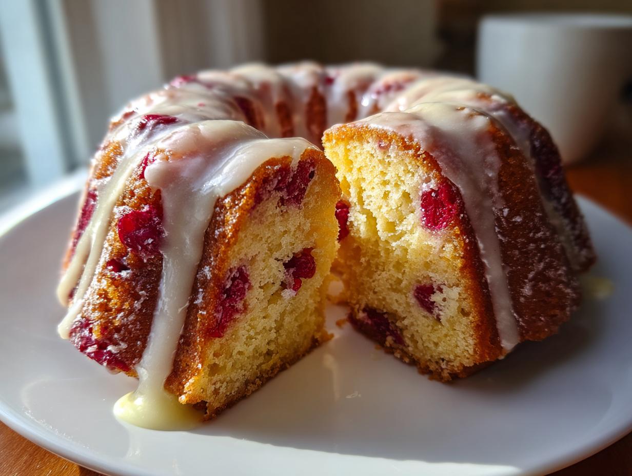 A slice cut from a bundt-style cranberry orange cake, drizzled heavily with white glaze, sitting on a white plate.