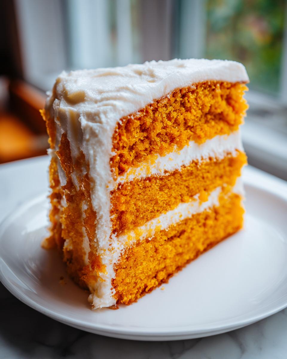 A tall, moist slice of orange Creamsicle Cake with three layers and thick white cream cheese frosting.