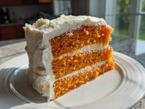 A tall, moist slice of orange Creamsicle Cake with three layers and thick white cream cheese frosting.