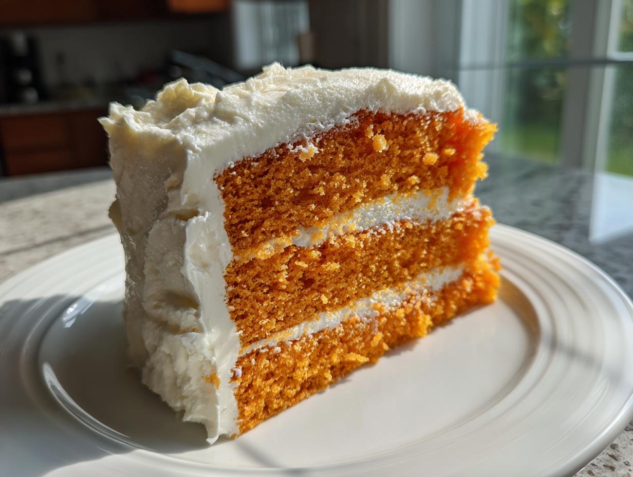 A tall, moist slice of orange Creamsicle Cake with three layers and thick white cream cheese frosting.