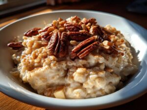 Close-up of creamy apple cinnamon oatmeal topped with whole pecans and dusted with cinnamon.