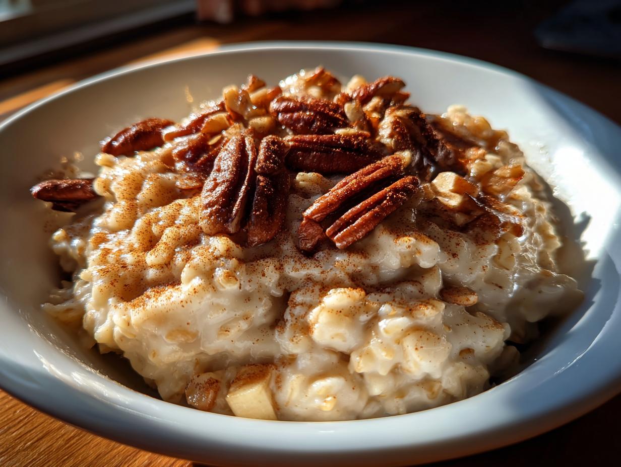 Close-up of creamy apple cinnamon oatmeal topped with whole pecans and dusted with cinnamon.