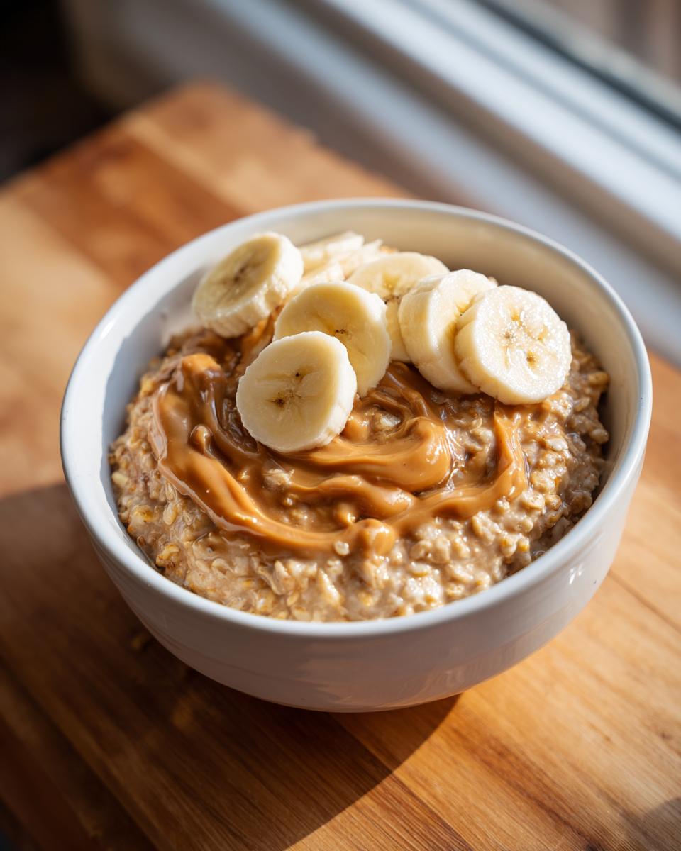 A close-up of a white bowl filled with creamy banana oatmeal, topped with a swirl of peanut butter and fresh banana slices.