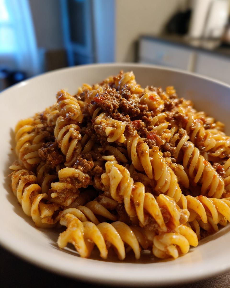 Close-up of a white bowl filled with creamy beef pasta featuring fusilli noodles and rich meat sauce.