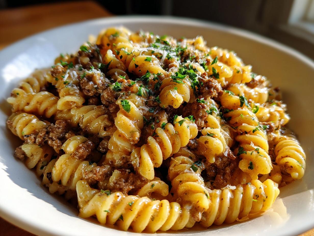 A close-up of a bowl filled with creamy beef pasta made with fusilli noodles, topped with ground beef and fresh parsley.