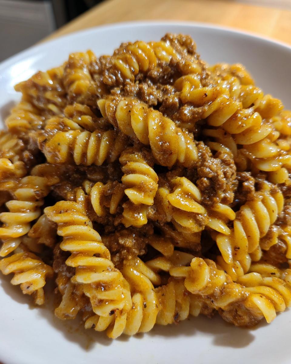 Close-up of a bowl filled with creamy beef pasta made with fusilli noodles coated in a rich, savory sauce.