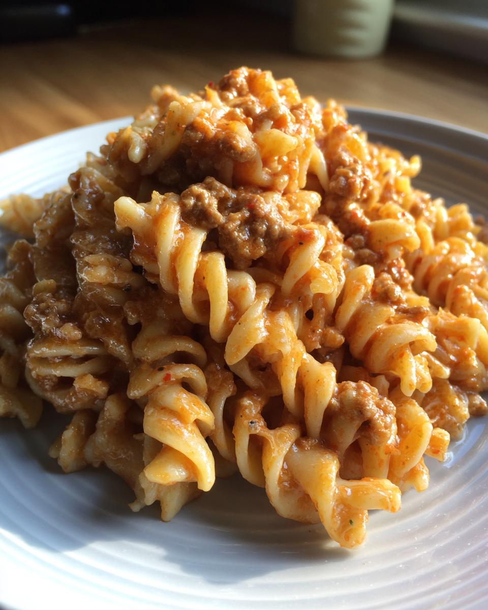 A close-up shot of a serving of creamy beef pasta made with fusilli noodles, coated in a rich, orange-hued sauce.