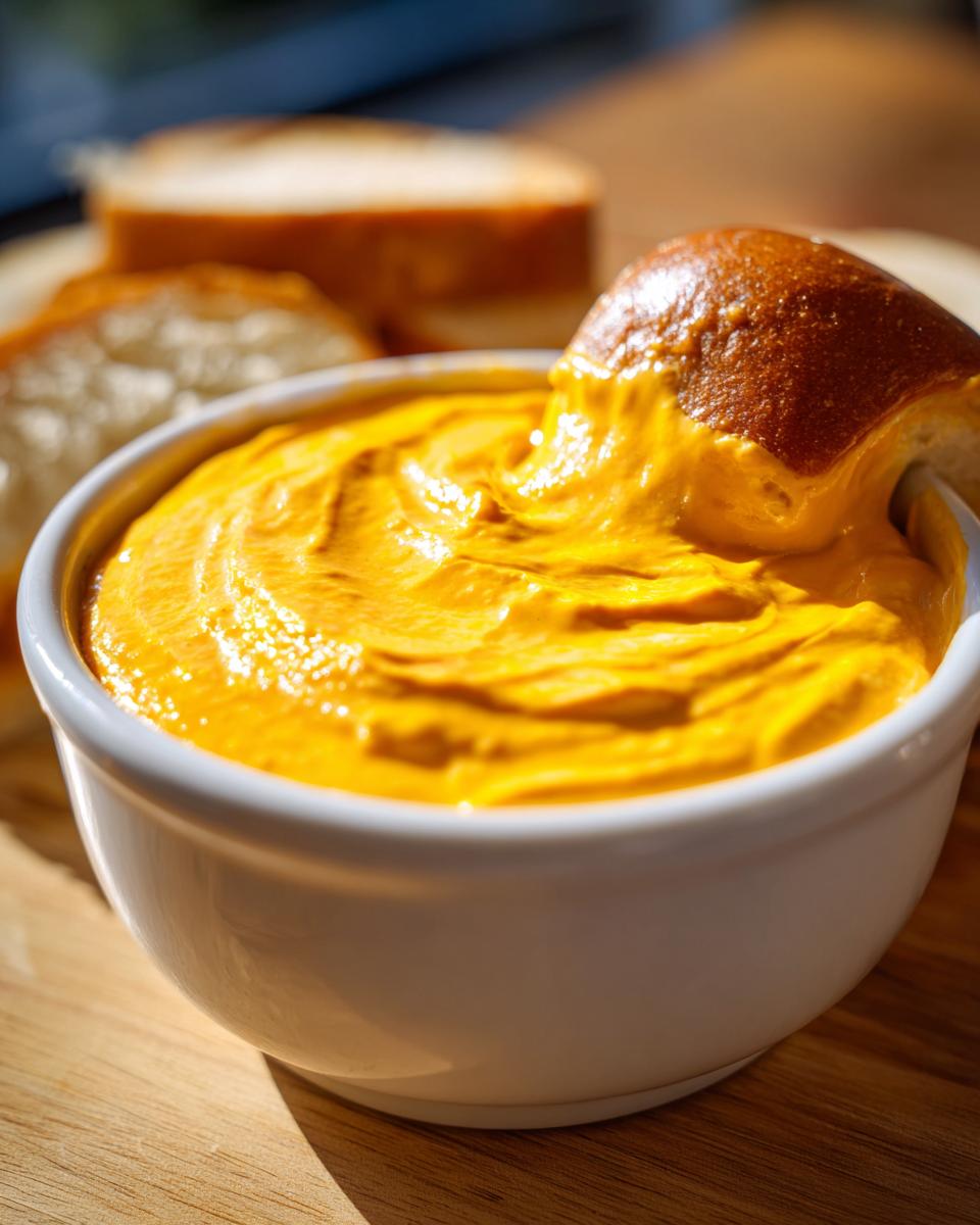 A piece of bread being dipped into a bowl of vibrant orange, creamy beer cheese dip.