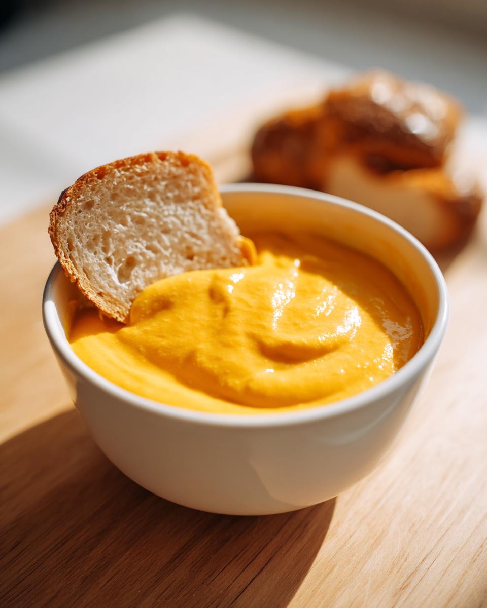 A close-up of creamy, vibrant orange beer cheese dip in a white bowl with a piece of bread dipped in it.