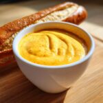 Close-up of a creamy, bright orange beer cheese dip in a white bowl, served next to a piece of crusty bread.