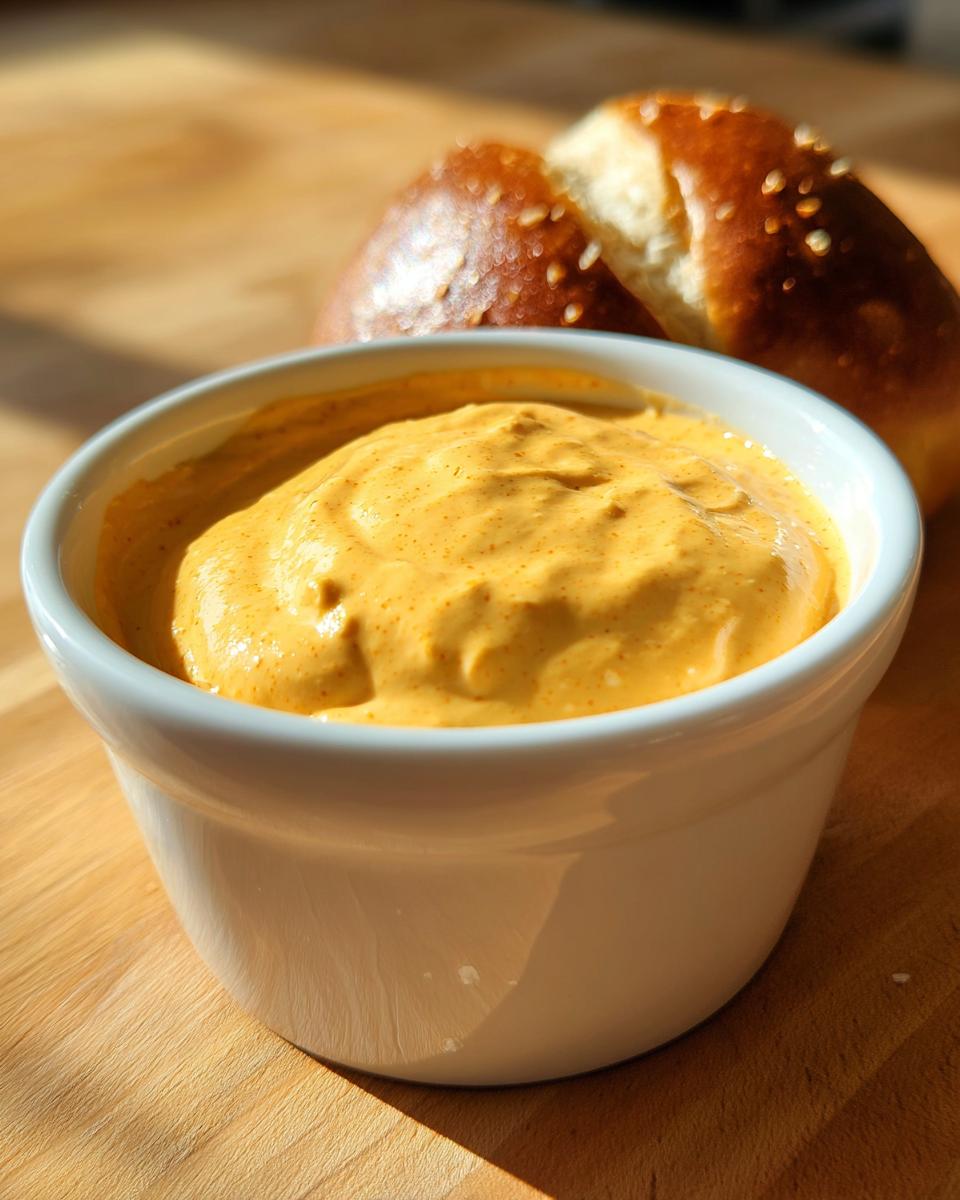 A close-up of creamy, orange beer cheese dip in a white ramekin next to a salted pretzel roll.