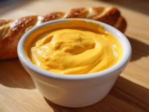 Close-up of creamy, bright orange beer cheese dip served in a white ramekin next to a soft pretzel.