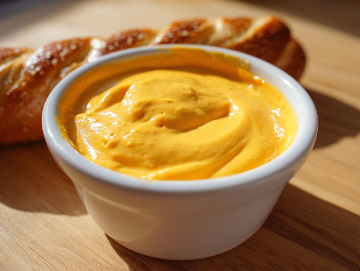 Close-up of creamy, bright orange beer cheese dip served in a white ramekin next to a soft pretzel.