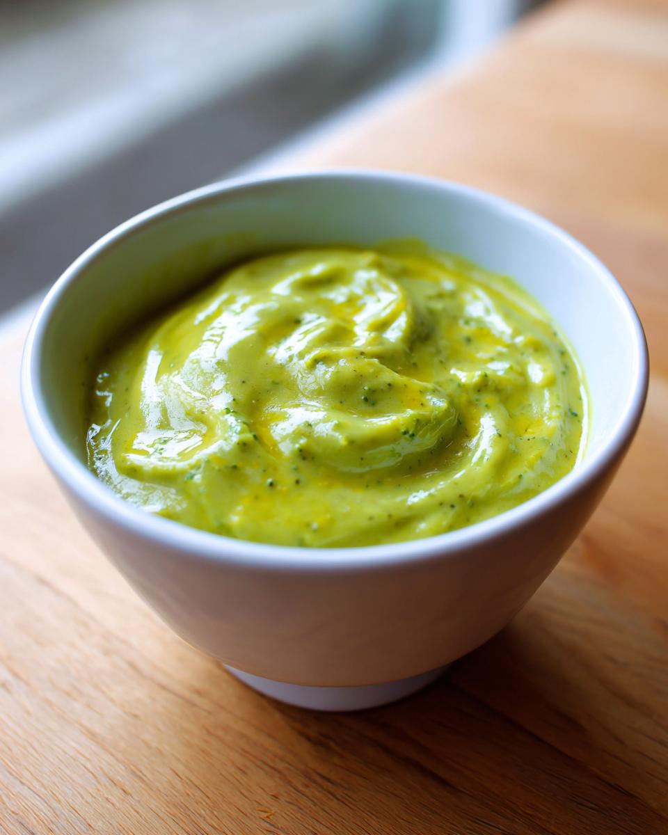 A close-up of thick, vibrant green broccoli cheddar sauce with visible flecks of broccoli in a white bowl.