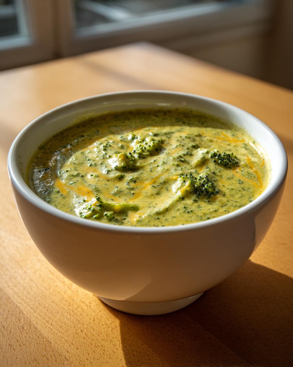 A close-up of a white bowl filled with thick, creamy broccoli cheddar soup, featuring visible florets and swirls of melted cheese.
