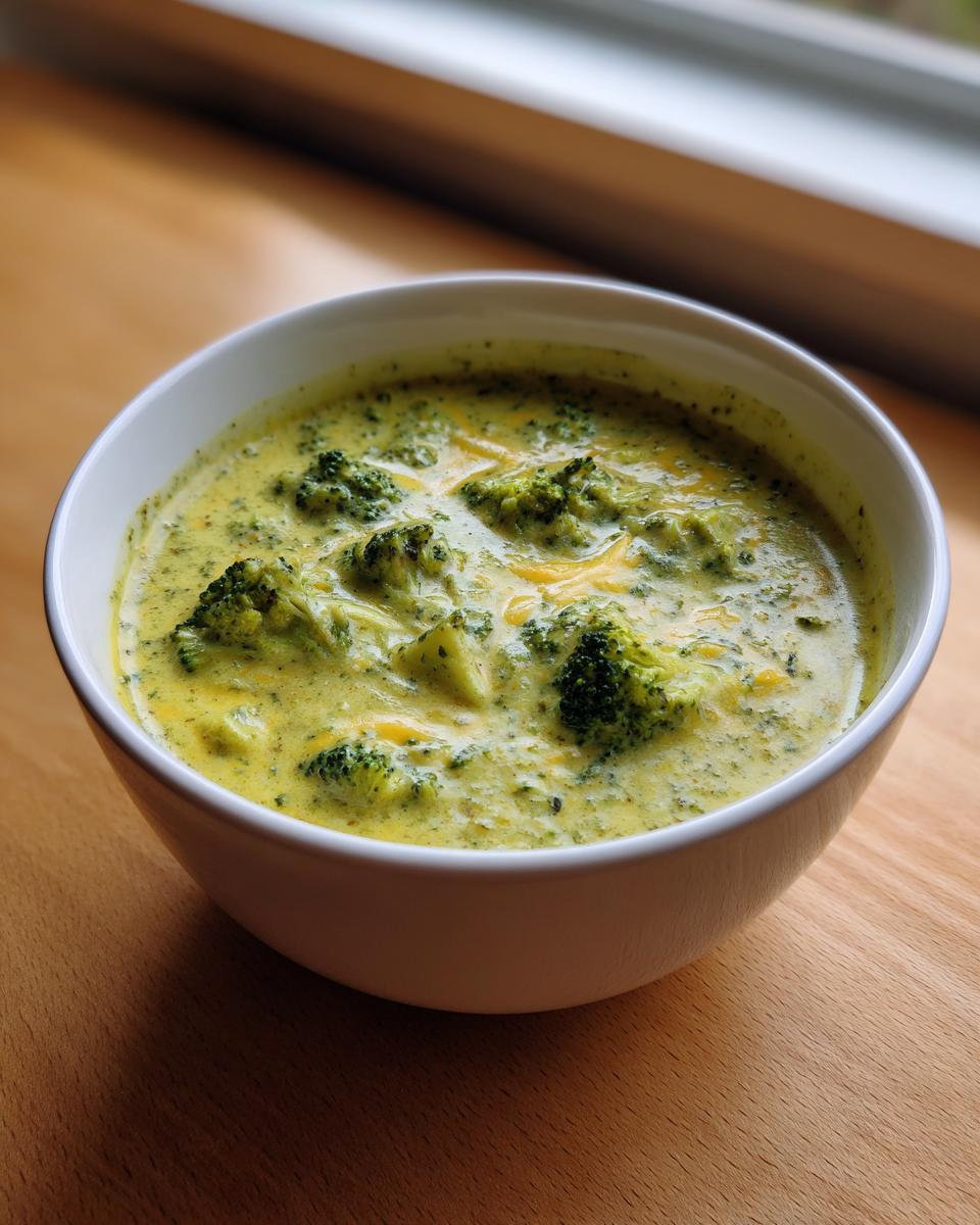 A close-up of a white bowl filled with creamy, bright green broccoli cheddar soup, featuring visible florets and melted cheese.