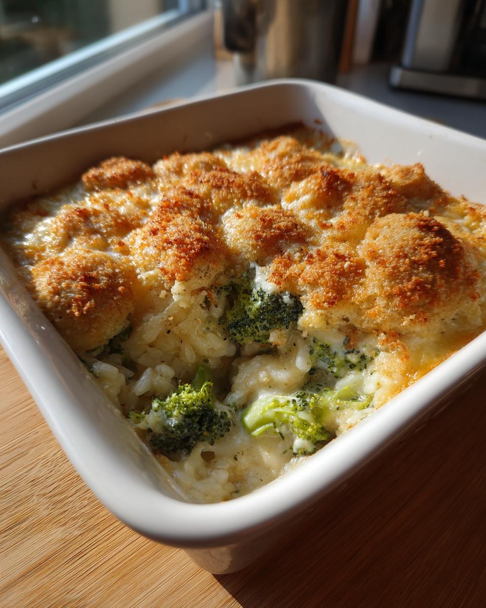 Close-up of a creamy broccoli rice casserole in a white dish with a golden, baked breadcrumb topping.