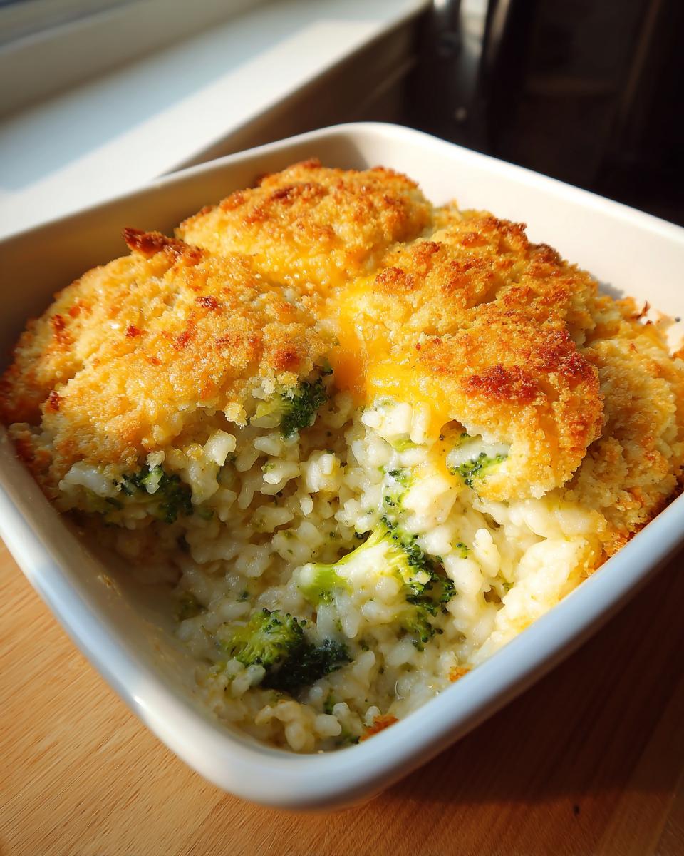 Close-up of creamy broccoli rice casserole in a white dish with a crispy, golden breadcrumb topping.