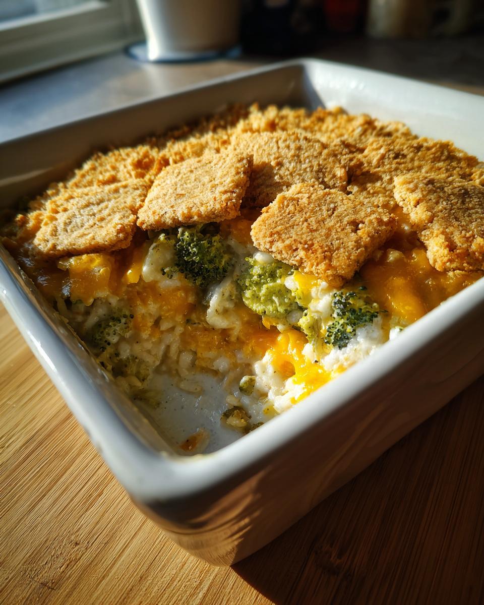 A close-up of a creamy broccoli rice casserole in a white dish, topped with golden crackers.