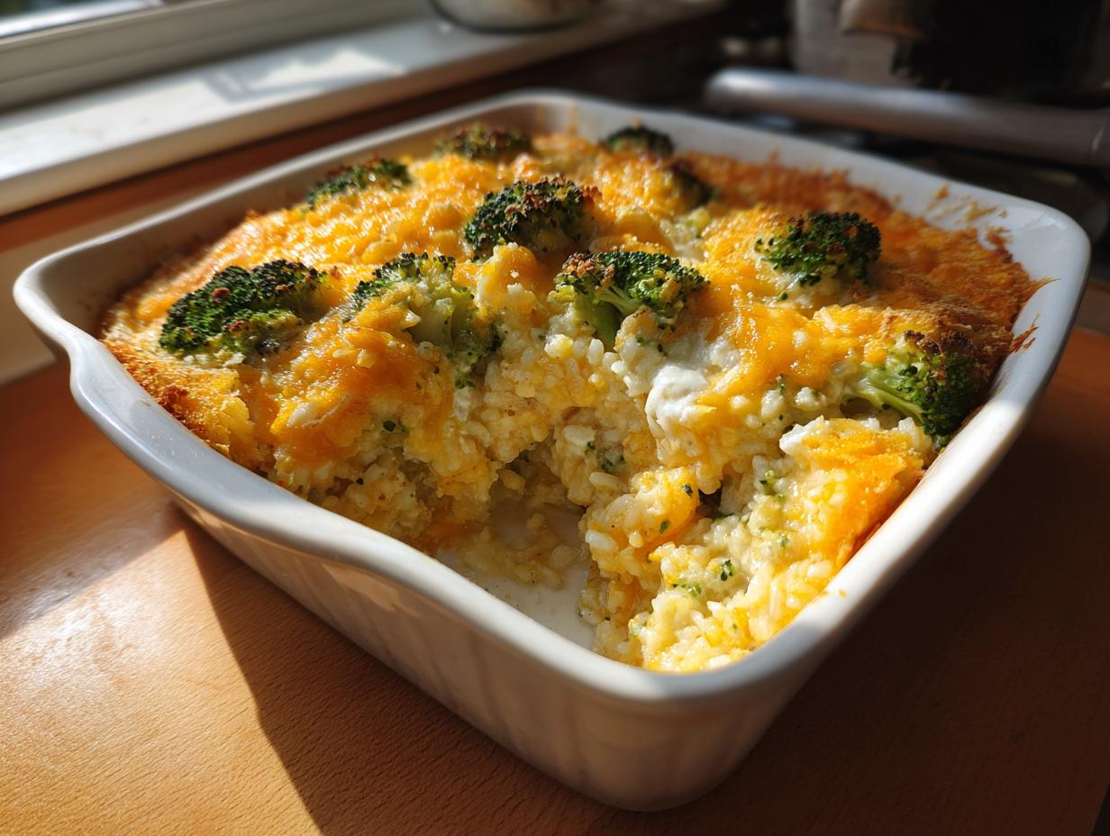 A close-up of a creamy broccoli rice casserole topped with melted cheddar cheese and roasted broccoli florets.