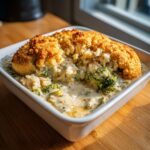 A scoop has been taken out of a creamy broccoli rice casserole, revealing the cheesy sauce and topped with a golden, crunchy crust.