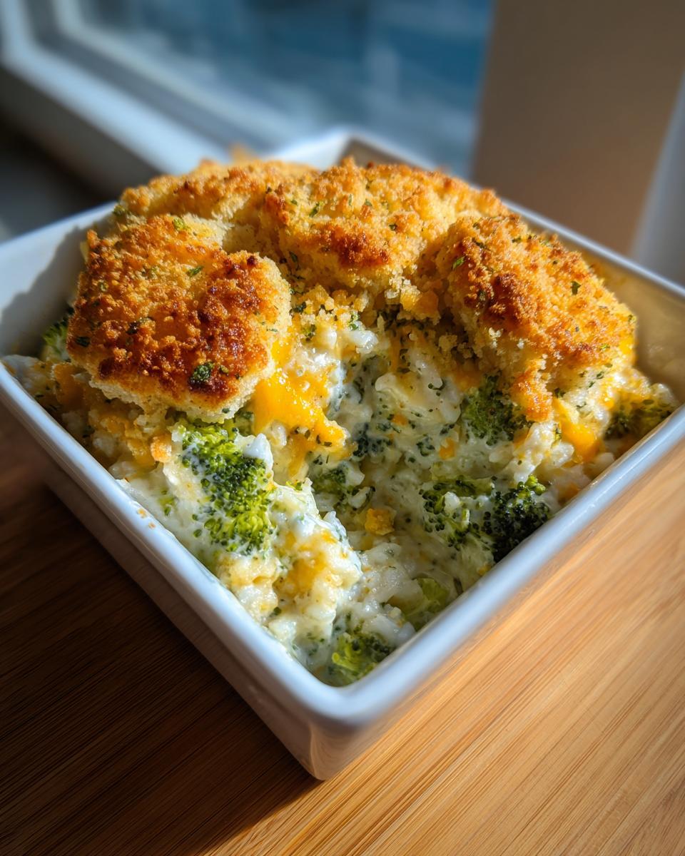 Close-up of creamy broccoli rice casserole in a white dish with a golden, crunchy topping.