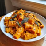 Close-up of rigatoni pasta coated in creamy butternut squash pasta sauce, topped with fresh sage leaves and spices.