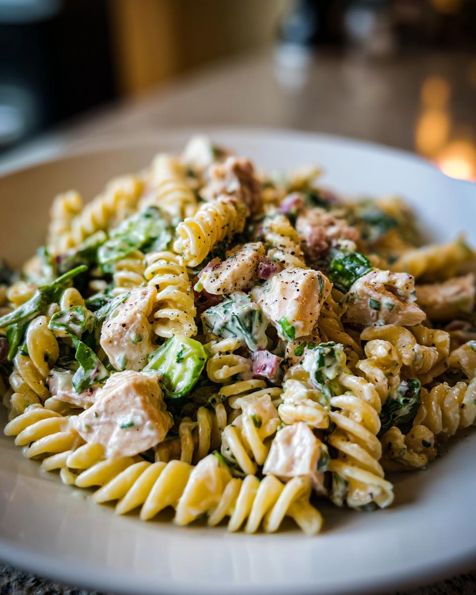 A close-up shot of a bowl filled with creamy chicken caesar pasta salad featuring fusilli pasta, diced chicken, and greens.