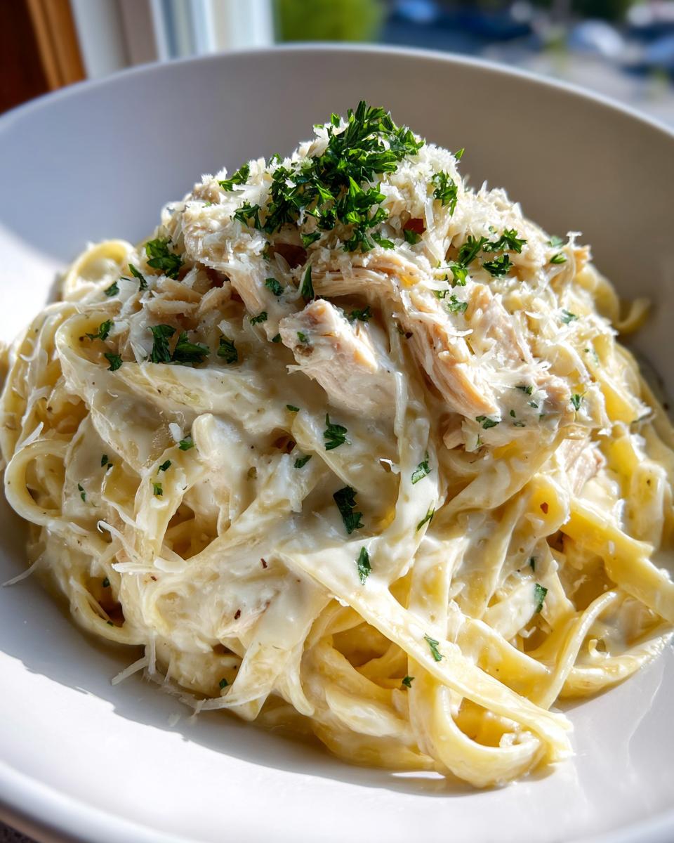 Close-up of creamy chicken fettuccine alfredo topped with shredded chicken, Parmesan, and fresh parsley.