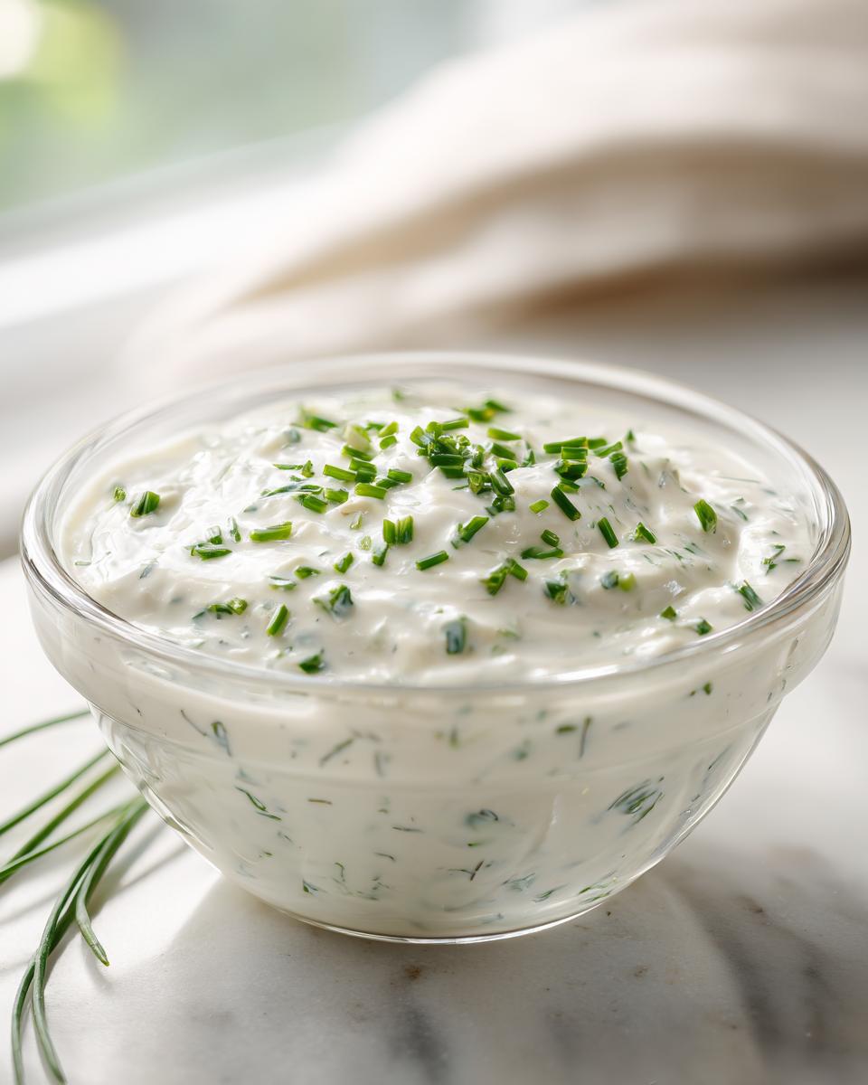 Close-up of a creamy white homemade salad dressing topped with fresh chopped chives in a clear glass bowl.