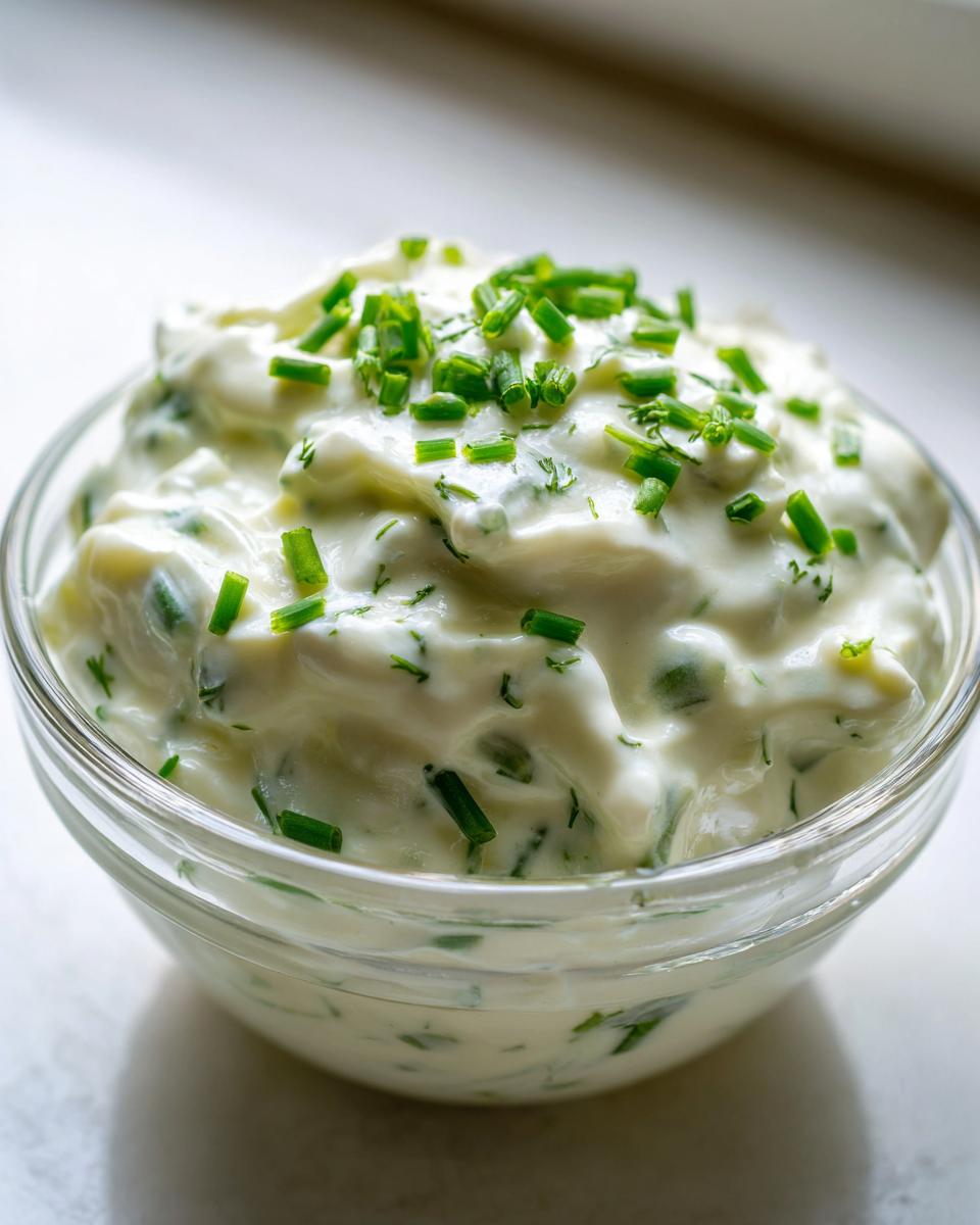 Close-up of a creamy, white homemade salad dressing mixed with fresh green chives, served in a small glass bowl.