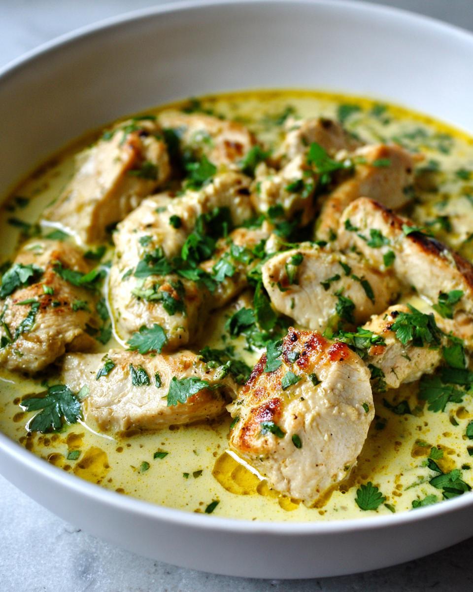 Close-up of seared chicken pieces swimming in a creamy, yellow coconut lime chicken sauce, garnished with fresh cilantro.