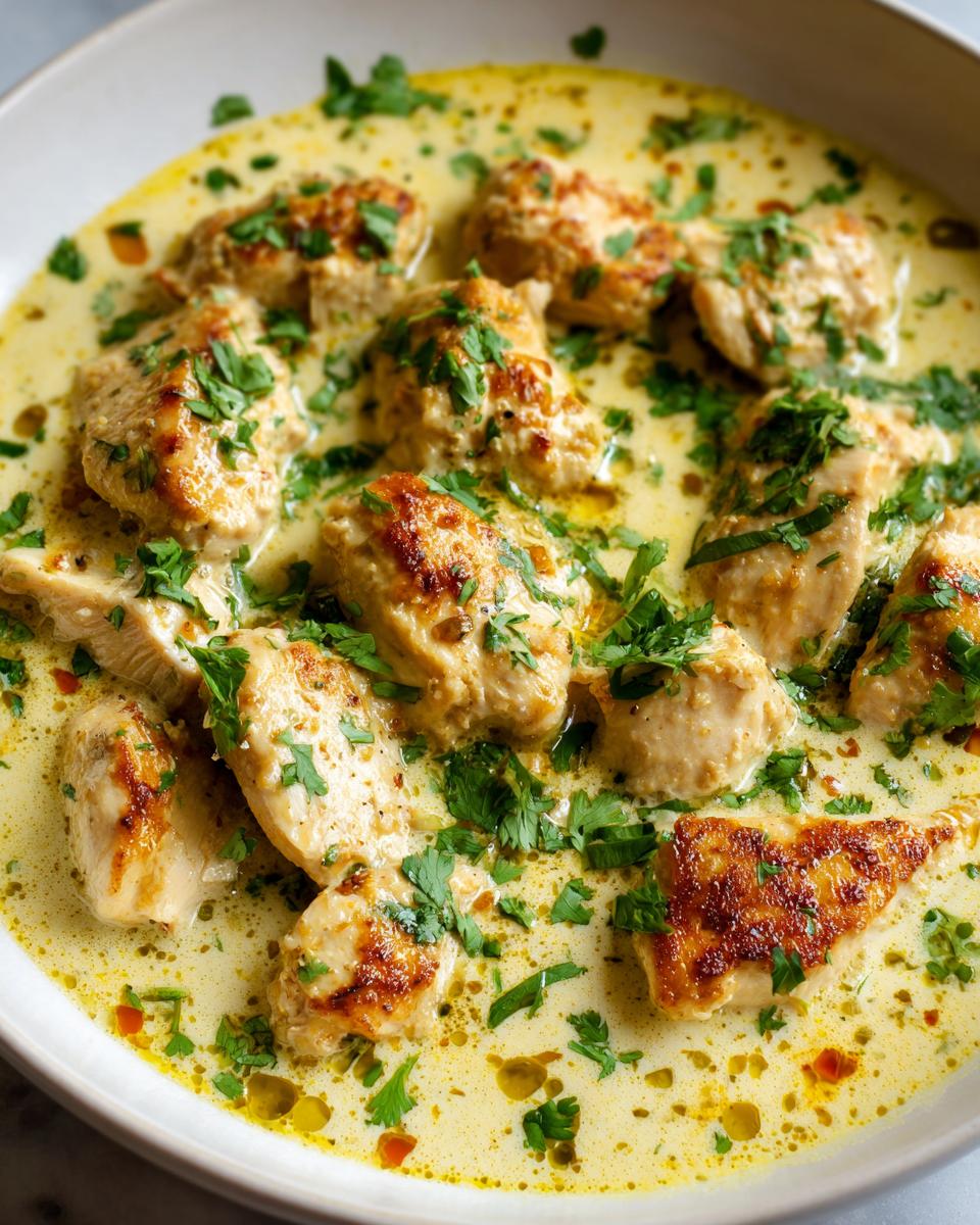 Close-up of seared chicken pieces swimming in a creamy, yellow coconut lime chicken sauce, garnished with fresh parsley.