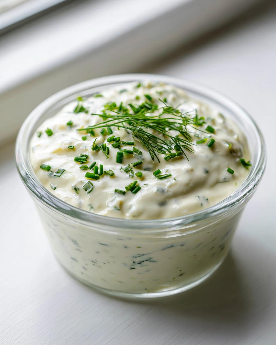 Close-up of a creamy homemade salad dressing in a glass jar, garnished with fresh chives and dill.