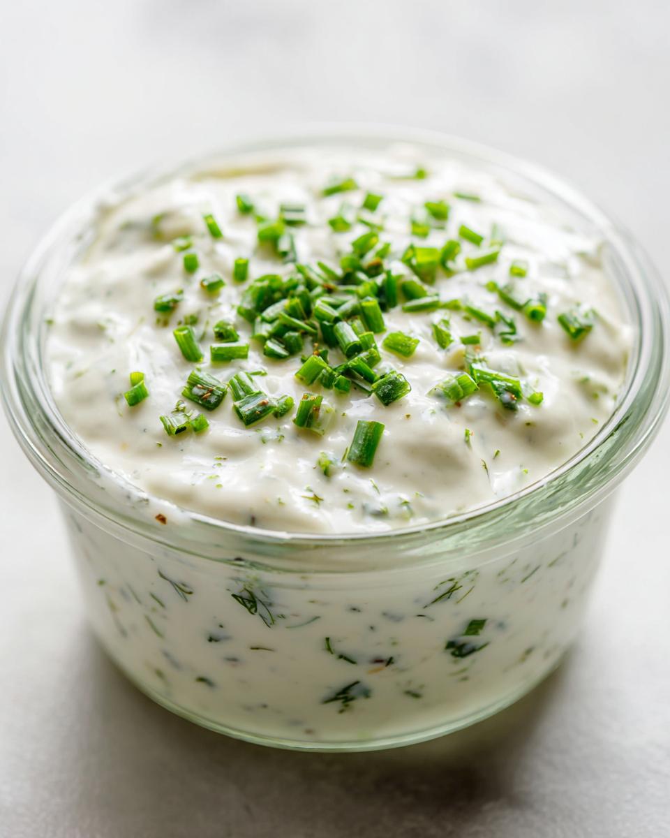 Close-up of a creamy, white homemade salad dressing topped with fresh chopped chives in a small glass container.