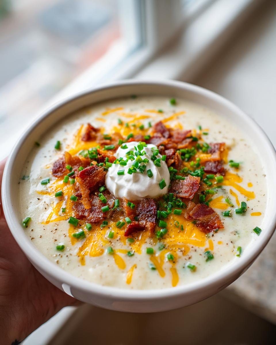 A close-up of a bowl of creamy loaded baked potato soup topped with bacon, shredded cheese, sour cream, and chives.