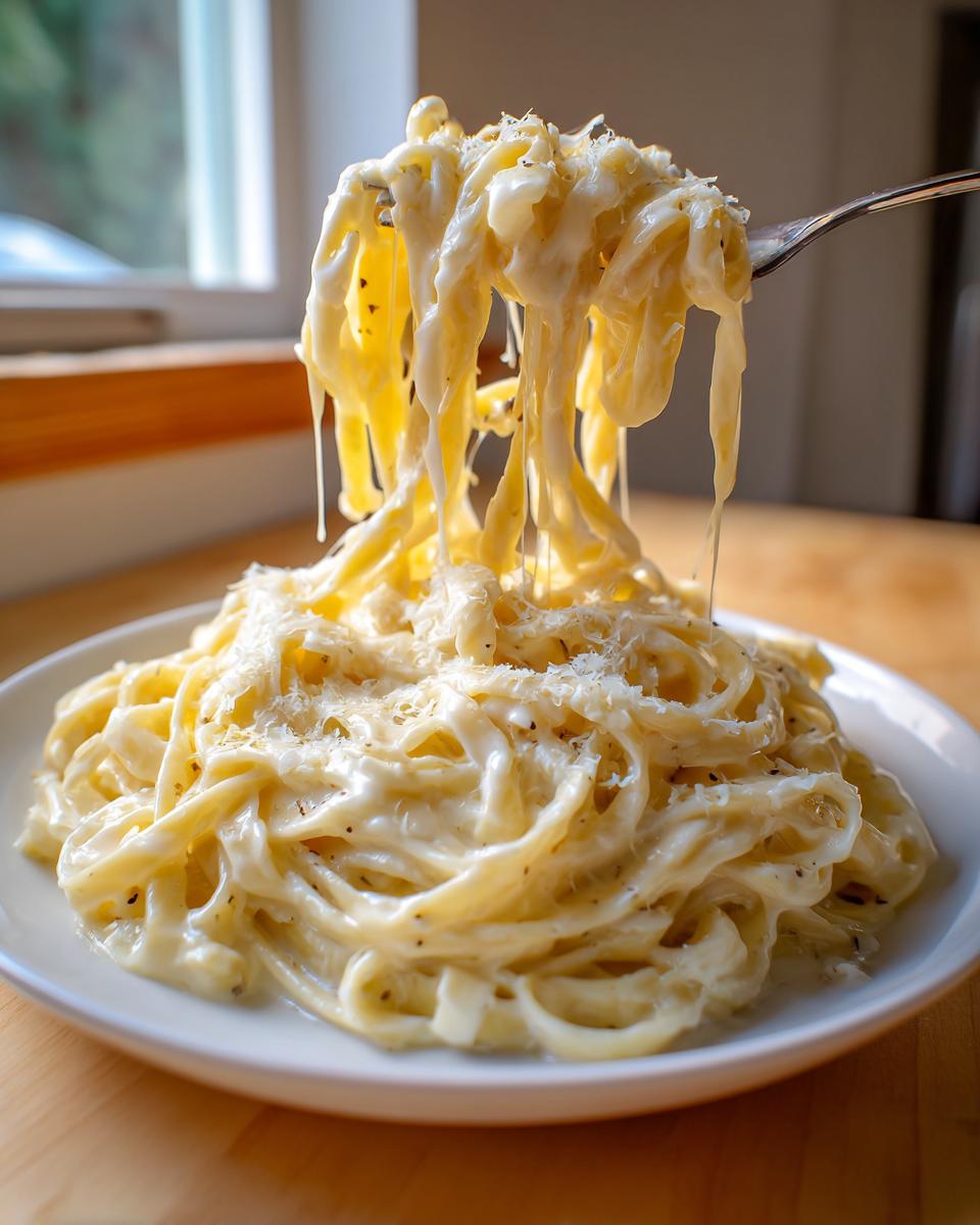 A fork lifting creamy fettuccine coated in rich Olive Garden Alfredo Sauce, topped with grated Parmesan cheese.